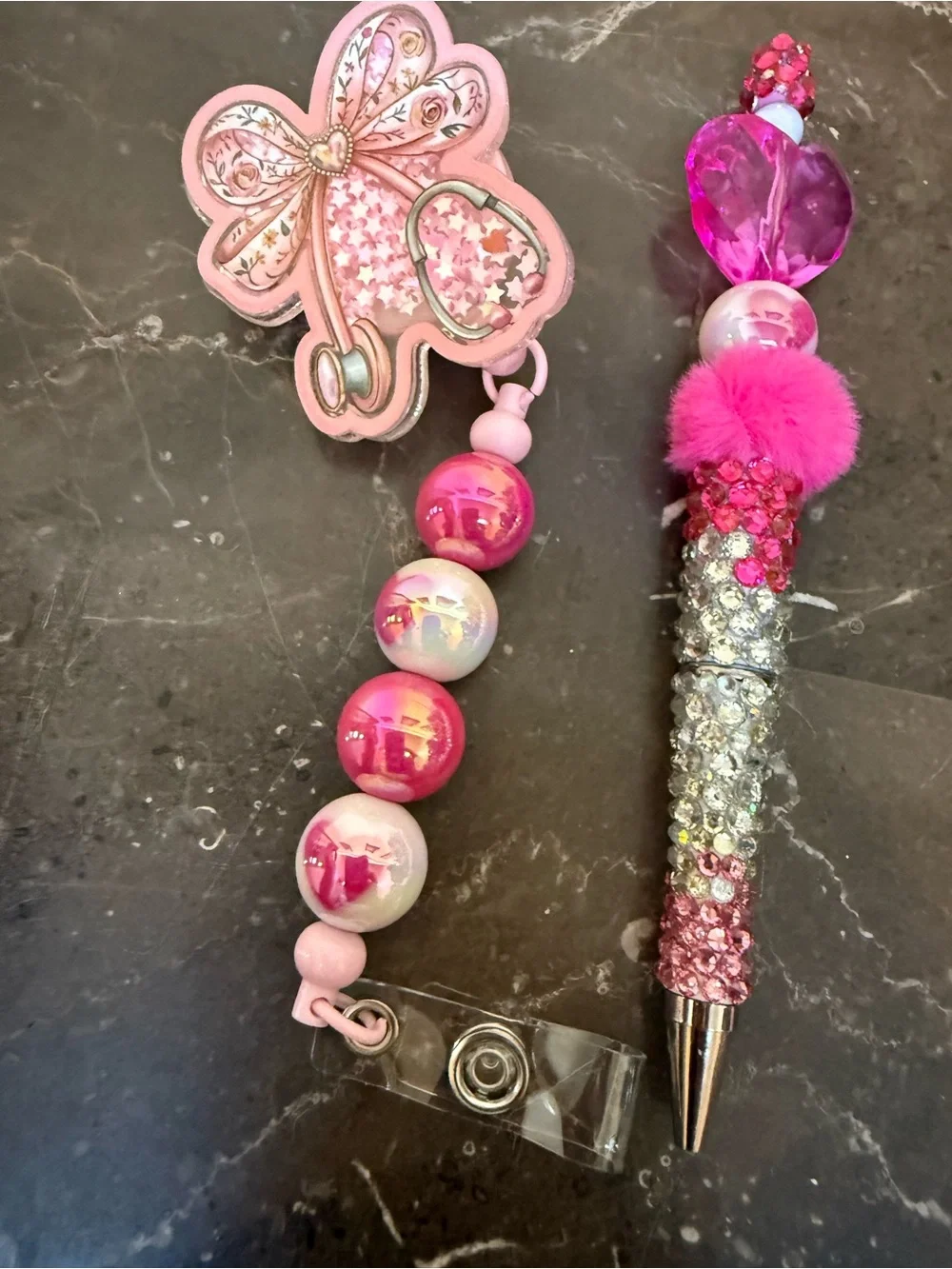 Pink Fur Stethoscope Rhinestone Beaded Pen and Matching Badge Reel Set Handmade